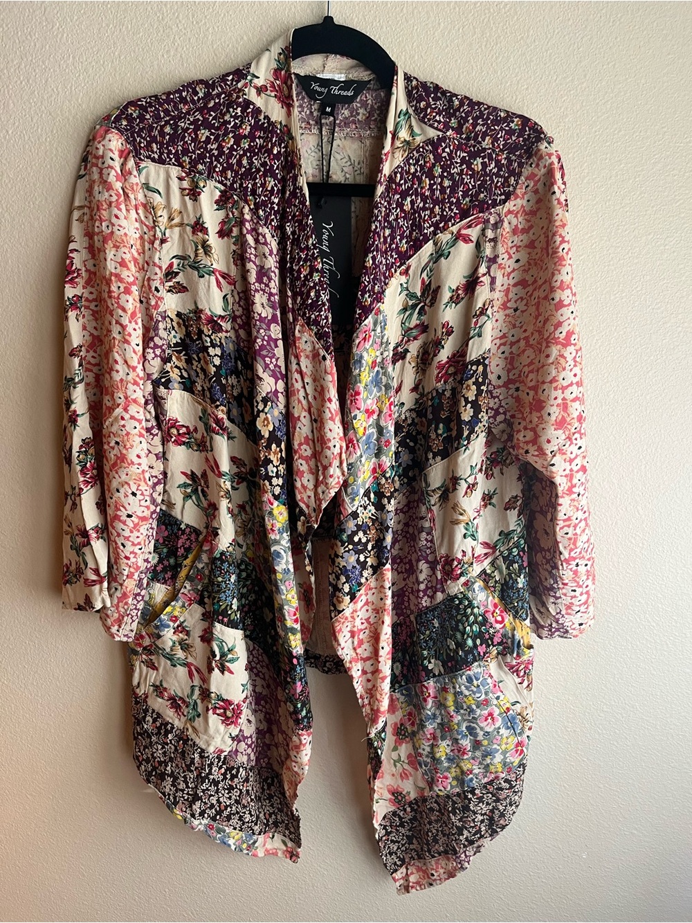 Ivory & Purple Floral Patchwork Open-Front Cardigan